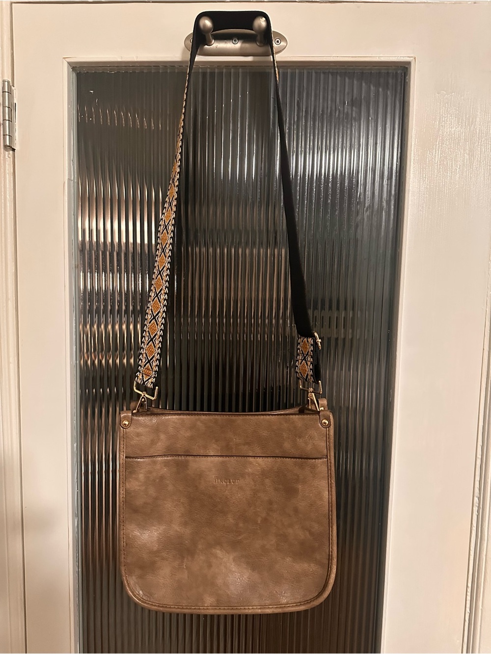 Taupe Crossbody Bag with Patterned Strap - Women Messenger Bag